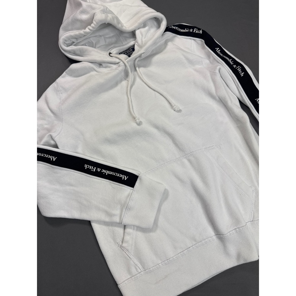 Abercrombie & Fitch Mens XS White Logo Tape Pullover Hoodie Sweatshirt